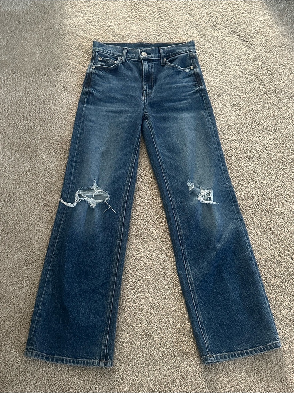 AYR Dark Blue Distressed Wide-Leg Jeans